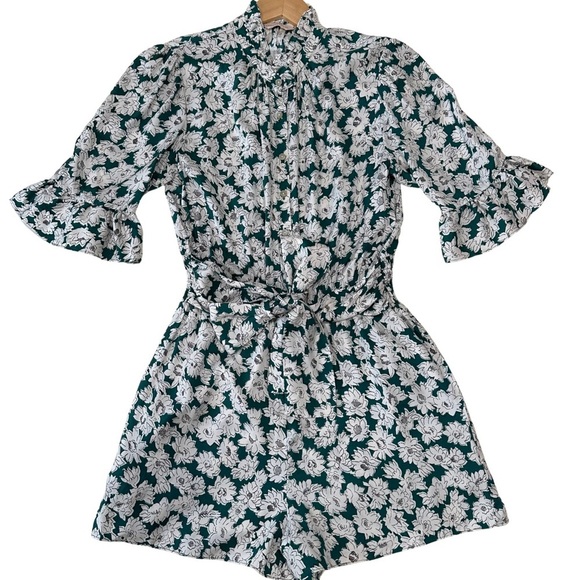 REBECCA TAYLOR Serene Floral Print Romper Elbow Sleeve SZ 4 Green White NWOT - Picture 1 of 10